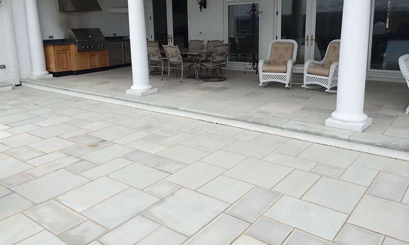 Inside Sawn Blue Grey Sandstone Flooring Laid in a 6in Multiple Pattern With Bullnosed 12in Wide Border