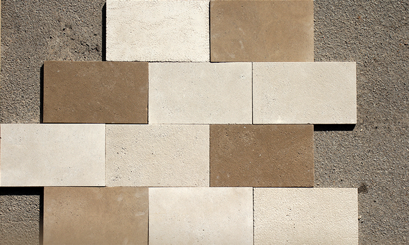  Indiana Limestone Flooring with Mixed Finishes: 3 Different Percentages of Acid Wash - Light, Medium, and Heavy Sandblast - Light and Heavy Bushammer