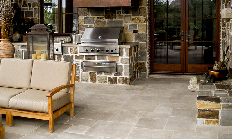 Indiana Limestone Flooring Laid In A 6In Multiple Pattern with Blue Grey Squared Random Ashlar Veneer